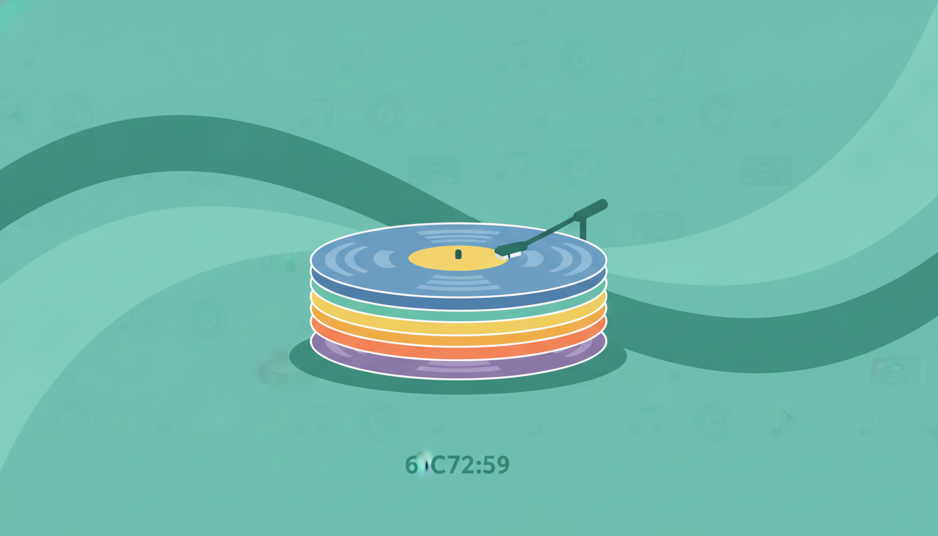 Ilustración de una pila de discos de vinilo esenciales de colores, un brazo de tocadiscos y notas musicales de fondo.