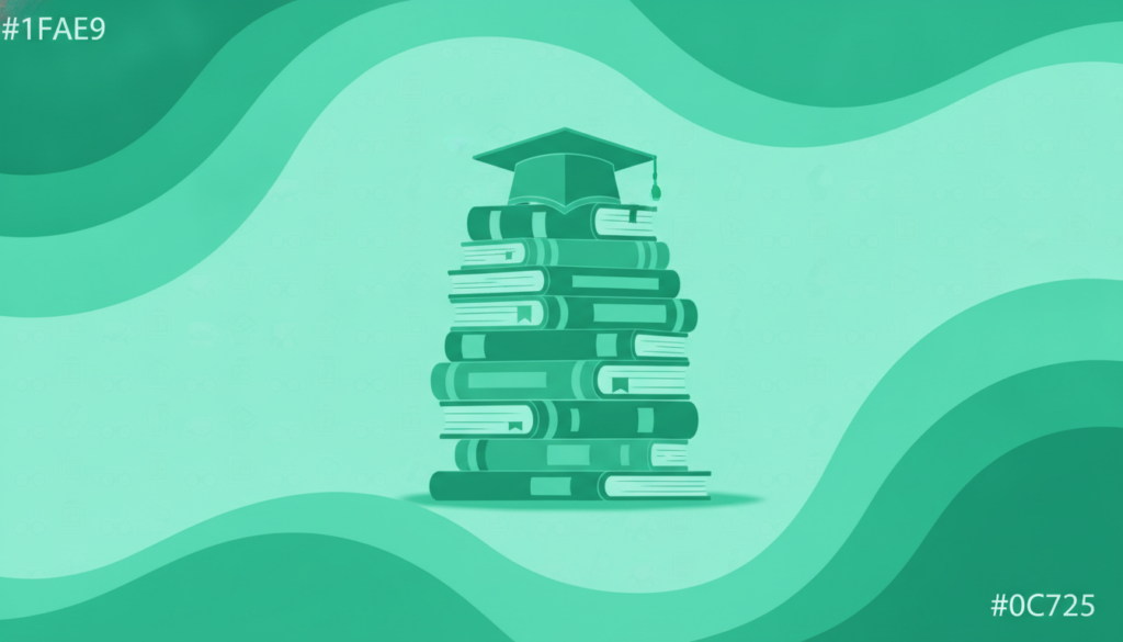 Pila de libros diversos con un birrete de graduación, representando los libros imprescindibles para estudiantes universitarios.